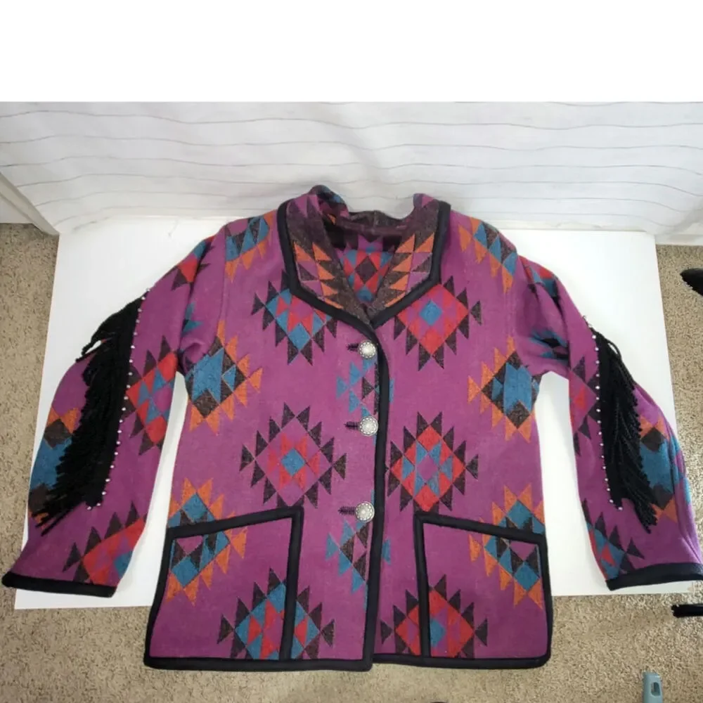 VINTAGE WOOL BLEND AZTEC PRINT BUTTON UP JACKET W FRINGE DETAIL, SZ LARGE